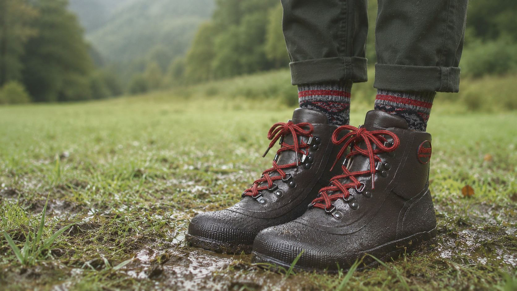 Person wearing Harris Dryboot waterproof lace up boots with red laces in a grassy, muddy field.