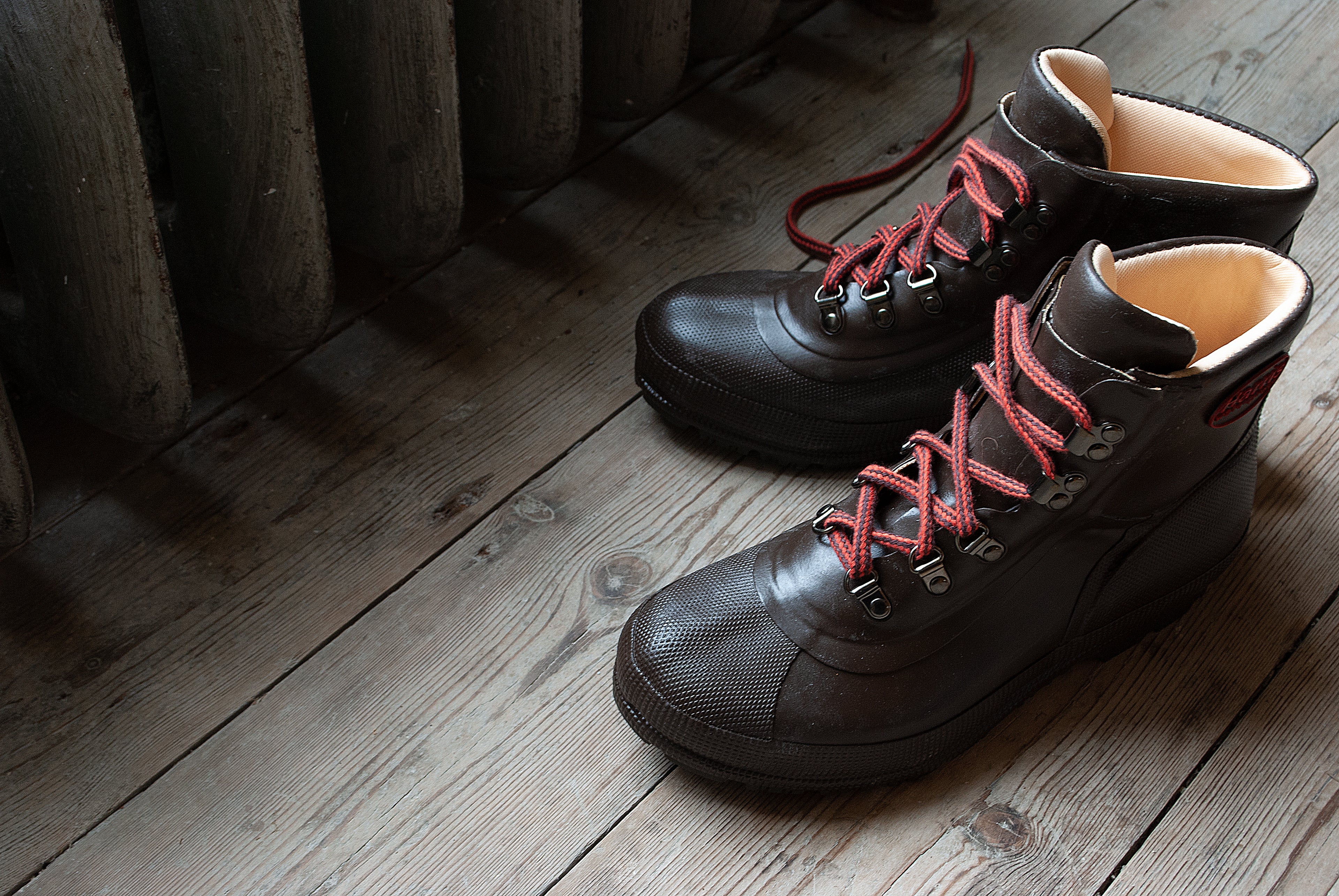 Harris Dryboot Waterproof Rubber Ankle Boots with sturdy red laces, hiking boot eyelets and cotton lining.